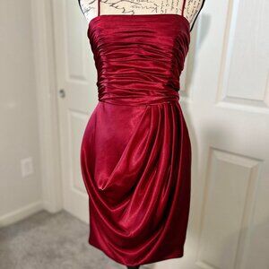 Red Dress Ruched Top Half & Pleated Below with Spaghetti Straps & Zip with Clip